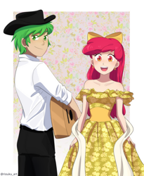 Size: 900x1099 | Tagged: safe, artist:riouku, apple bloom, spike, human, g4, cinco de mayo, clothes, commission, dress, ear piercing, female, guitar, hat, humanized, male, musical instrument, piercing, ship:spikebloom, shipping, straight, yellow dress