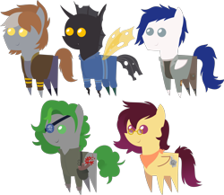 Size: 3290x2859 | Tagged: safe, artist:sketchmcreations, oc, oc only, oc:edd roach, oc:radan, oc:thunder chaser, oc:twisted gears, changeling, earth pony, pegasus, pony, changeling oc, clothes, commission, dynamite, earth pony oc, explosives, female, high res, male, mare, pegasus oc, pointy ponies, simple background, transparent background