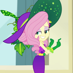 Size: 1080x1076 | Tagged: safe, artist:twinet, edit, edited screencap, screencap, fluttershy, equestria girls, equestria girls series, g4, holidays unwrapped, o come all ye squashful, spoiler:eqg series (season 2), alternate hairstyle, bare shoulders, clothes, clothes edit, cornucopia costumes, cropped, female, gloves, hat, redesign, sleeveless, smiling, solo, strapless, sun hat