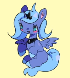 Size: 810x909 | Tagged: safe, artist:10uhh, princess luna, alicorn, pony, g4, blush sticker, blushing, crown, cute, female, filly, jewelry, lunabetes, no pupils, open mouth, regalia, s1 luna, simple background, solo, uguu, woona, yellow background, younger