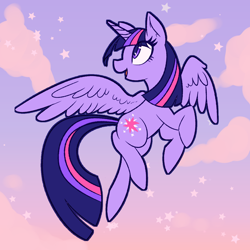 Size: 1200x1200 | Tagged: safe, artist:slunberparty, twilight sparkle, alicorn, pony, g4, backwards cutie mark, cloud, colored pupils, cute, female, flying, mare, open mouth, profile, sky, solo, spread wings, stars, twiabetes, twilight sparkle (alicorn), wings