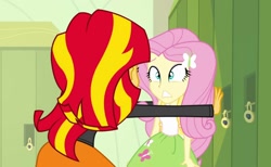 Size: 1750x1080 | Tagged: safe, screencap, fluttershy, sunset shimmer, equestria girls, g4, my little pony equestria girls, backpack, bully, bullying, clothes, hairpin, lockers, scared