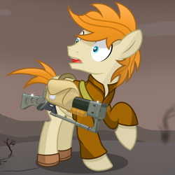 Size: 3000x3000 | Tagged: safe, artist:pizzamovies, oc, oc only, oc:pizzamovies, earth pony, pony, fallout equestria, aer-14, aer-14 prototype, battle saddle, clothes, earth pony oc, high res, laser rifle, looking at something, male, solo, stallion, wasteland