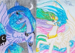 Size: 1080x769 | Tagged: safe, artist:luna.queex, princess celestia, princess luna, alicorn, pony, g4, duo, ethereal mane, hoof shoes, horn, jewelry, peytral, raised hoof, starry mane, tiara, traditional art, wings
