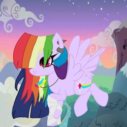 Size: 640x640 | Tagged: safe, artist:_goddesskatie_, oc, oc only, pegasus, pony, ear piercing, earring, female, flying, jewelry, magical lesbian spawn, mare, multicolored hair, necklace, offspring, outdoors, parent:rainbow dash, parent:twilight sparkle, parents:twidash, pegasus oc, piercing, rainbow hair, twilight (astronomy), wings