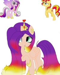 Size: 640x800 | Tagged: safe, artist:_goddesskatie_, princess cadance, sunset shimmer, alicorn, pony, g4, background removed, base used, ear piercing, earring, eyelashes, female, fusion, hoof shoes, horn, jewelry, mare, piercing, raised hoof, simple background, smiling, tiara, white background, wings