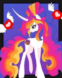 Size: 640x800 | Tagged: safe, alternate version, artist:_goddesskatie_, pony, curved horn, eyelashes, female, heart, horn, instagram, looking back, mare, ponified, smiling, solo