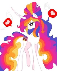 Size: 640x800 | Tagged: safe, alternate version, artist:_goddesskatie_, pony, background removed, curved horn, eyelashes, female, heart, horn, instagram, looking back, mare, ponified, simple background, smiling, solo, white background