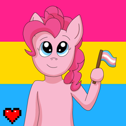 Size: 1000x1000 | Tagged: safe, artist:fruiitypieq, artist:shycookieq, pinkie pie, earth pony, pony, g4, bust, commission, female, flag, headcanon, heart, holding a flag, hoof hold, lgbt headcanon, mare, pride, pride flag, sexuality headcanon, smiling, solo, transgender pride flag, ych result