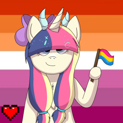 Size: 1000x1000 | Tagged: safe, artist:fruiitypieq, artist:shycookieq, oc, oc only, pony, unicorn, bust, commission, female, flag, heart, holding a flag, hoof hold, horn, lesbian pride flag, mare, pride, pride flag, smiling, solo, unicorn oc, ych result