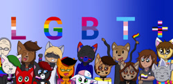 Size: 1280x623 | Tagged: safe, artist:fruiitypieq, artist:shycookieq, oc, oc only, cat, earth pony, anthro, earth pony oc, eyes closed, gradient background, lesbian pride flag, pride, pride flag, pride month, smiling