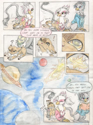 Size: 1632x2196 | Tagged: safe, artist:cindertale, oc, oc only, oc:cinder, deer, griffon, book, chest fluff, clothes, comic, confused, deer oc, dialogue, eye reflection, female, griffon oc, jupiter, male, planet, reflection, space, sun, traditional art