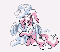 Size: 2516x2166 | Tagged: safe, artist:overlordneon, fleetfoot, luster dawn, pegasus, pony, unicorn, g4, crack shipping, cuddling, daydream, duo, female, high res, hug, lesbian, lusterfoot, shipping, smiling, vision, winghug, wings