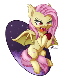 Size: 1200x1536 | Tagged: safe, artist:icy wings, fluttershy, bat pony, pony, g4, apple, bat ponified, flutterbat, food, race swap, simple background, solo, tail between legs, transparent background