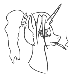Size: 498x515 | Tagged: safe, artist:jargon scott, oc, oc only, oc:dyx, alicorn, pony, black and white, bust, cigarette, female, grayscale, mare, monochrome, older, older dyx, profile, simple background, smoking, solo, white background
