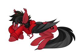 Size: 2500x1700 | Tagged: safe, artist:xvostik, bat pony, pony, bat wings, clothes, commission, ear fluff, emo, fall out boy, fangs, folded wings, hoodie, lying down, male, messy mane, messy tail, pete wentz, ponified, prone, solo, stallion, wings, ych result