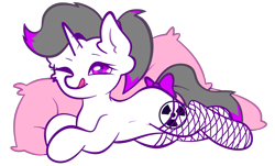 Size: 3456x2084 | Tagged: safe, artist:sb66, oc, oc only, oc:hazel radiate, pony, unicorn, bow, commission, commissioner:biohazard, female, fishnet stockings, high res, highlights, horn, licking, licking lips, looking at you, lying down, mare, one eye closed, pillow, ponytail, radiation sign, smiling, solo, tail bow, tongue out, unicorn oc, wink, ych result