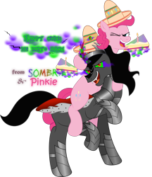 Size: 3980x4606 | Tagged: safe, artist:php178, derpibooru exclusive, king sombra, pinkie pie, earth pony, pony, umbrum, unicorn, g4, .svg available, 2021, absurd resolution, armor, aura, balloon, belly button, birthday, birthday cake, birthday candle, birthday candles, bubble, cake, candle, cape, cinco de mayo, cinco de mayo 2021, clothes, colored horn, curved horn, cute, dark magic, determined smile, diapinkes, ethereal mane, ethereal tail, eye, fangs, female, flowing mane, flowing tail, food, glowing, hoof around neck, hoof on head, horn, inkscape, king sombrero, levitation, lifted leg, lightning, looking at you, magic, magic aura, male, mane, mare, one eye closed, pinkie pie's birthday, ponies riding ponies, prancing, raised hoof, riding, robe, royal cape, scratch (font), shipping, shoes, simple background, smiling, smiling at you, smoke, sombra eyes, sombra horn, sombradorable, sombrapie, sombrero, stallion, straight, svg, telekinesis, text, transparent background, vector, wall of tags, wink, winking at you