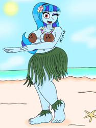 Size: 1932x2576 | Tagged: safe, artist:c_w, sonata dusk, equestria girls, g4, barefoot, beach, belly button, big breasts, bikini top, breasts, busty sonata dusk, cleavage, clothes, coconut, coconut bikini, eyelashes, eyeshadow, feet, flower, flower in hair, hips, hula, hula dance, looking at you, makeup, one eye closed, open mouth, open smile, plump, smiling, smiling at you, swimsuit, thighs, wink, winking at you