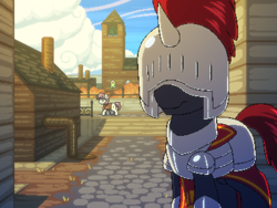 Size: 800x600 | Tagged: safe, artist:rangelost, oc, oc only, pony, cyoa:d20 pony, armor, cloud, knight, outdoors, pixel art, sky, solo focus, standing, town