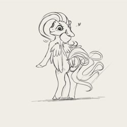 Size: 4000x4000 | Tagged: safe, artist:miokomata, fluttershy, pegasus, semi-anthro, g4, arm hooves, butt, floppy ears, flutterbutt, freckles, freckleshy, grayscale, heart, looking back, monochrome, plot, simple background, solo, white background