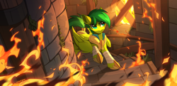 Size: 3000x1456 | Tagged: safe, artist:redchetgreen, oc, oc only, oc:evergreen feathersong, pegasus, pony, armor, female, fire, high res, mare, pegasus oc, solo, stairs