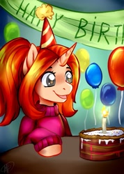 Size: 1283x1800 | Tagged: safe, artist:megabait, oc, oc:dream, pony, unicorn, balloon, birthday, cake, candle, food, hat, party, party hat