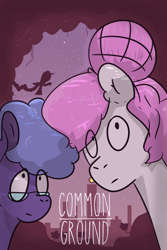 Size: 6331x9472 | Tagged: safe, artist:azulejo, princess celestia, princess luna, earth pony, pony, fanfic:common ground, g4, absurd resolution, city, cover, fanfic, fanfic art, fanfic cover, female, glasses, mare, nerd, pink-mane celestia, race swap, royal sisters, siblings, sisters, text