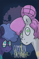 Size: 6331x9472 | Tagged: safe, alternate version, artist:azulejo, princess celestia, princess luna, earth pony, pony, fanfic:common ground, g4, absurd resolution, city, cover, cutie mark, fanfic, fanfic art, fanfic cover, female, glasses, mare, nerd, night, pink-mane celestia, race swap, royal sisters, siblings, sisters, text