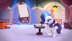 Size: 1920x1080 | Tagged: safe, screencap, rarity, pony, g4.5, my little pony: stop motion short, rarity's paintful pony portrait, easel, female, magic, mare, solo, stop motion