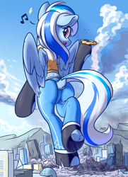 Size: 1300x1800 | Tagged: safe, artist:ravistdash, oc, oc only, oc:ravist, pegasus, pony, bipedal, building, butt, city, clothes, destruction, dock, feathered wings, featureless crotch, female, fetish, giantess, jacket, macro, mountain, outfit, pants, plane, planet, plot, rampage, smiling, socks, solo, underhoof, wings