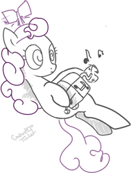 Size: 1112x1472 | Tagged: safe, artist:embertwist, screwball, earth pony, pony, g4, female, hat, mare, music box, music notes, sketch, solo, swirly eyes