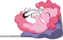 Size: 803x517 | Tagged: safe, artist:embertwist, pinkie pie, earth pony, pony, g4, can, drinking, eyes closed, female, mare, reclining, sipping, solo