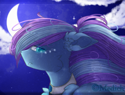 Size: 1916x1453 | Tagged: safe, artist:mediasmile666, oc, oc only, pegasus, pony, bust, choker, crescent moon, female, mare, moon, night, night sky, sky, solo, teary eyes