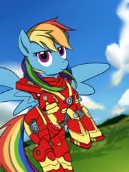 Size: 1050x1400 | Tagged: safe, artist:veraqq35, rainbow dash, pegasus, pony, g4, armor, female, iron man, iron mare, mare, solo