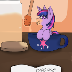 Size: 1000x1000 | Tagged: safe, artist:freakdreams, twilight sparkle, pony, g4, cup, cup of pony, female, food, grin, heart eyes, honey, mare, micro, mug, smiling, tiny, tiny ponies, wingding eyes