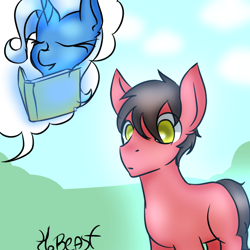 Size: 600x600 | Tagged: safe, artist:freakdreams, trixie, oc, oc:big brian, earth pony, pony, unicorn, banned from equestria daily, g4, book, duo, eyes closed, female, human to pony, implied transformation, magic, male, mare, speech bubble, stallion, telekinesis