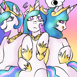Size: 1000x1000 | Tagged: safe, artist:freakdreams, princess celestia, alicorn, pony, g4, celestellation, celestia is not amused, female, gradient background, grin, licking, licking lips, mare, multeity, self ponidox, shrunken pupils, smiling, thought bubble, tongue out, triality, unamused, white pupils