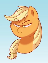 Size: 698x908 | Tagged: safe, artist:wevepon3, applejack, earth pony, pony, g4, applejack is not amused, bust, female, gradient background, hatless, mare, missing accessory, raised eyebrow, solo, trace, unamused