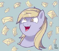 Size: 815x709 | Tagged: safe, artist:wevepon3, derpy hooves, pegasus, pony, g4, bust, colored pupils, derp, female, letter, mail, mare, open mouth, smiling, solo