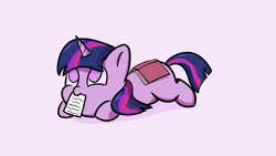Size: 3840x2160 | Tagged: safe, artist:wevepon3, twilight sparkle, pony, unicorn, g4, blank flank, book, cute, female, filly, filly twilight sparkle, high res, lying down, mouth hold, no pupils, paper, pink background, prone, simple background, solo, twiabetes, unicorn twilight, younger