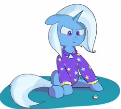 Size: 1411x1268 | Tagged: safe, artist:wevepon3, trixie, pony, unicorn, g4, annoyed, clothes, cup, female, floppy ears, hoodie, mare, sitting, solo, sweatshirt, teacup