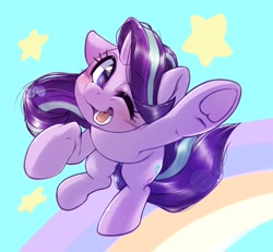 Size: 2048x1891 | Tagged: safe, artist:kurogewapony, starlight glimmer, pony, unicorn, blushing, cute, female, frog (hoof), glimmerbetes, happy, lens flare, looking at you, mare, one eye closed, open mouth, open smile, rainbow, reaching, smiling, smiling at you, solo, underhoof, wink, winking at you
