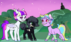 Size: 1200x720 | Tagged: safe, artist:lavvythejackalope, oc, oc only, bat pony, earth pony, pony, unicorn, bat pony oc, colored hooves, earth pony oc, fangs, grin, horn, night, outdoors, smiling, stars, unicorn oc