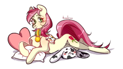 Size: 2521x1417 | Tagged: safe, artist:rasifoo, roseluck, pony, g4, collar, commission, commissioner:doom9454, concave belly, cute, lying down, pet tag, pillow, pony pet, rosepet, slender, thin, toy