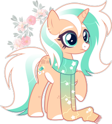 Size: 3191x3552 | Tagged: safe, artist:rerorir, oc, oc only, pony, unicorn, clothes, female, flower, high res, mare, scarf, simple background, solo, transparent background