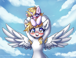 Size: 1317x1000 | Tagged: safe, artist:chaosangeldesu, derpy hooves, dinky hooves, pegasus, pony, unicorn, g4, armpits, blushing, dinky riding derpy, duo, duo female, female, filly, mare, mother and child, mother and daughter, open mouth, open smile, ponies riding ponies, pony hat, riding, smiling, spread wings, wings