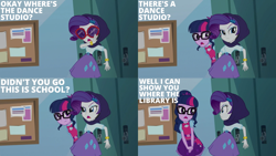 Size: 2000x1125 | Tagged: safe, edit, edited screencap, editor:quoterific, screencap, rarity, sci-twi, twilight sparkle, equestria girls, equestria girls specials, g4, my little pony equestria girls: dance magic, bracelet, clothes, cutie mark, cutie mark on clothes, duo, duo female, female, glasses, hairpin, jewelry, lockers, open mouth, ponytail, sunglasses
