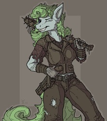 Size: 721x817 | Tagged: safe, artist:alexandrys, earth pony, anthro, cigarette, fallout, female, solo, weapon