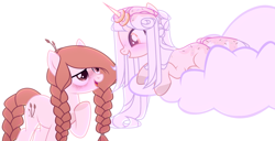 Size: 3653x1876 | Tagged: safe, artist:rerorir, oc, oc only, earth pony, pony, unicorn, cloud, donut, female, food, mare, simple background, white background